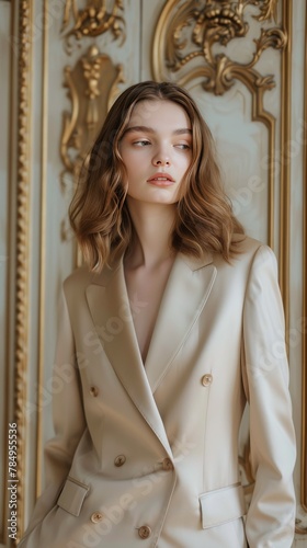 Yong model woman wearing stylish beige soft silk suit.
