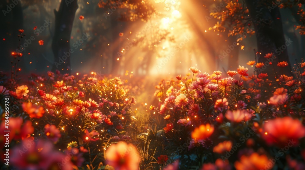 Early morning sunlight illuminates the meadow, casting a warm glow upon the colorful fall flowers that adorn the vintage landscape, creating a scene of enchanting beauty.