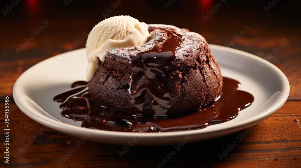 An indulgent chocolate lava cake oozing with molten chocolate, accompanied by a scoop of creamy vanilla ice cream. An indulgent chocolate lava cake oozing with molten chocolate, accompanied by a scoop of creamy vanilla ice cream.