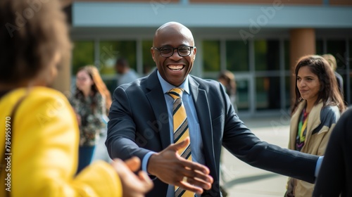 A friendly school principal greeting students with a warm smile as they enter the school gates. 