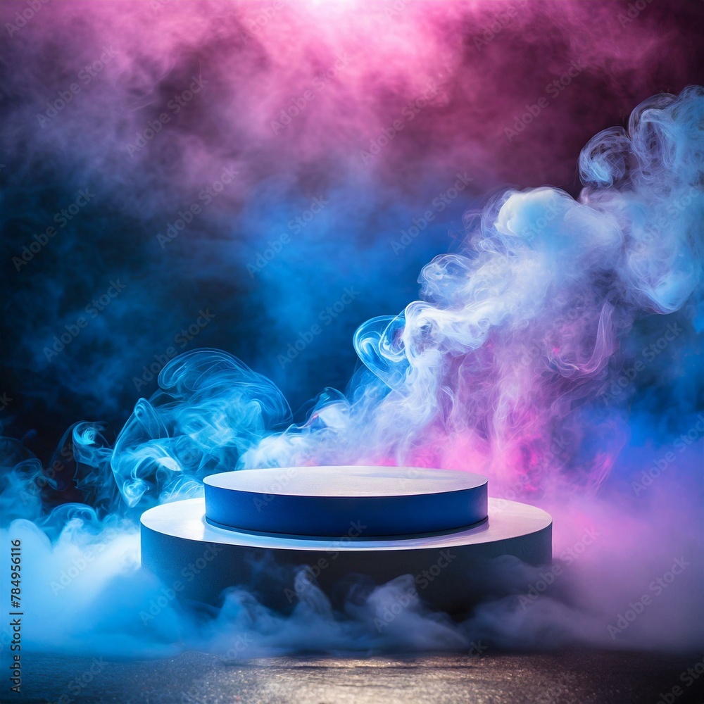 background,an empty podium surrounded by swirling dark smoke, neon light pink blue background