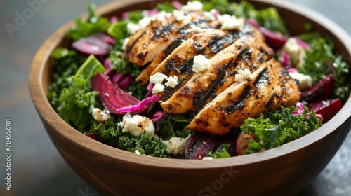 Grilled chicken salad with kale, beets, and goat cheese