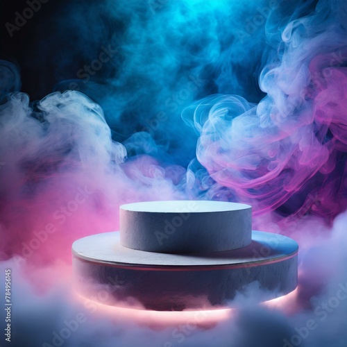 smoke from a smoke,an empty podium surrounded by swirling dark smoke, neon light pink blue background