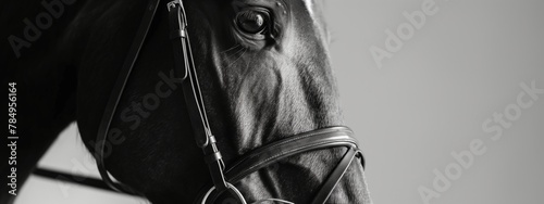 Black and white portrait of a horse, capturing the elegance and nobility of the animal. photo