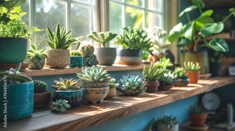 Assorted succulents on a sunny window sill in various pots.