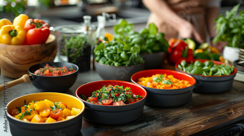 Freshly prepared vegetable dishes in bowls on a kitchen counter.