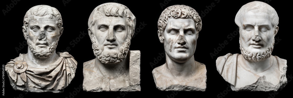 Obraz premium Classical ancient marble gypsum stoic, roman, greek bust, busts head sculpture against a colored background representing historical figures 