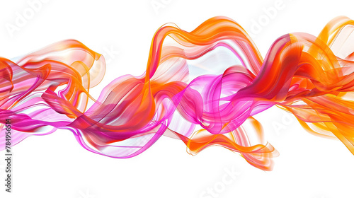 Vivid streaks of neon orange and magenta intertwining to form a dazzling spectacle of holographic patterns, isolated on solid white background.