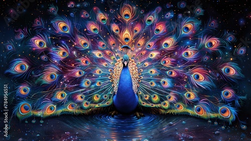 Peacock Preening Its Feathers with Meticulous Attention, Each Iridescent Plume Catching the Light in a Kaleidoscope of Colors.