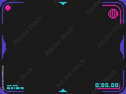 Black Background with Futuristic UI Interface Frame, Pixel Art 8bit Style Template