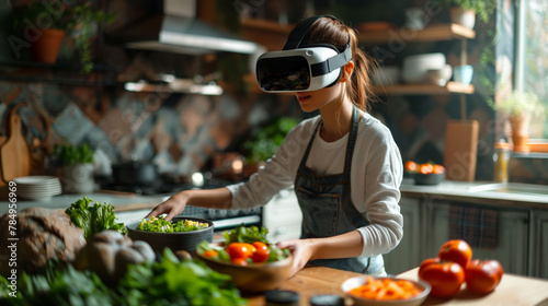  Woman wearing a VR headset while cooking in a modern kitchen. © Sergei