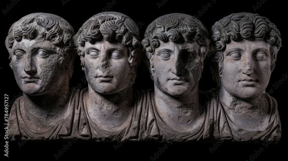 Obraz premium Classical ancient marble gypsum stoic, roman, greek bust, busts head sculpture against a colored background representing historical figures 