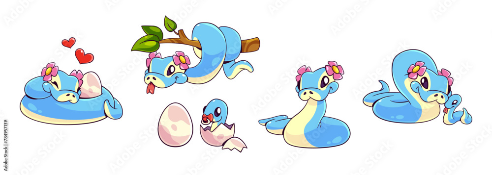 Naklejka premium Cute snake parent character with baby cartoon vector. Funny animal serpent with tongue in jungle forest on tree branch. Reptile zoo comic mascot design. Exotic wildlife family in pink and blue