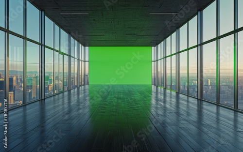 Studio room with green screen on an upper floor with a city background © MUS_GRAPHIC