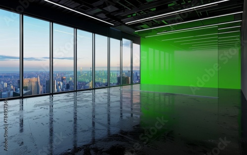 Studio room with green screen on an upper floor with a city background