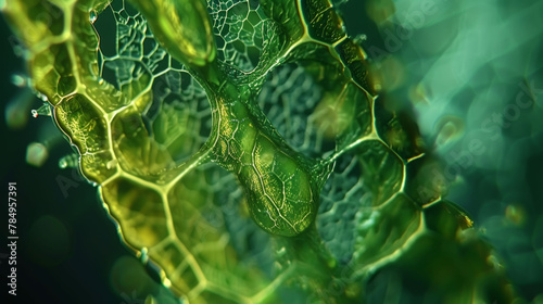 Microscopic view of leaf vein structure showing green photosynthetic cells. photo