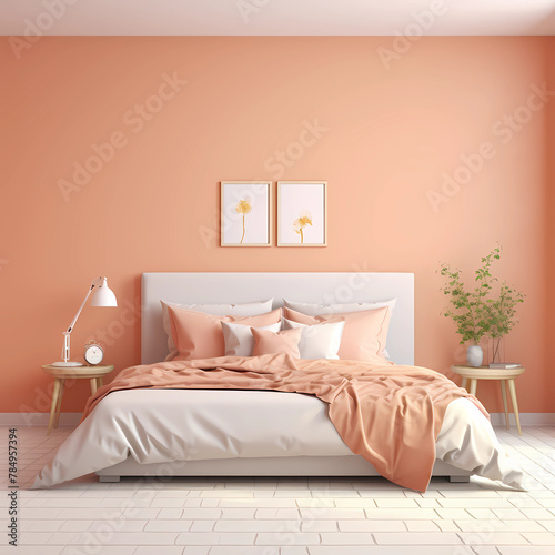 A peach colored wall modern bedroom interior