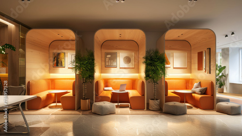  Modern lounge interior with arched alcoves and warm lighting photo