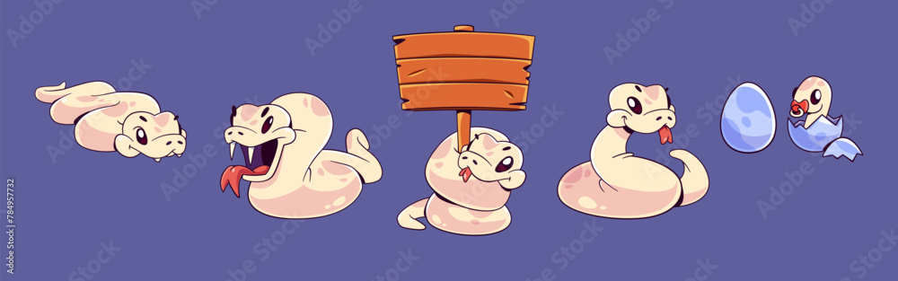 Naklejka premium Cute beige snake cartoon character. Comic vector set of funny 2025 New Year mascot. Serpent with tongue crawling on floor, surprised with open mouth, holding wooden banner, and little baby in egg.
