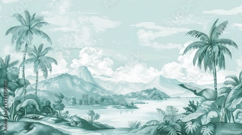 A palm tree gently swaying by the side of a calm lake  the mountains in the background adding a touch of majesty to the peaceful landscape.