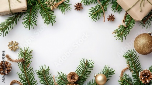 A stylish Christmas background featuring a green Christmas ball with gold accents hanging from a lush red ribbon. The ball is suspended in front of a white background, leaving space for text