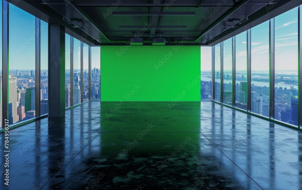 Studio room with green screen on an upper floor with a city background Studio room with green screen on an upper floor with a city background