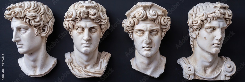 Obraz premium Classical ancient marble gypsum stoic, roman, greek bust, busts head sculpture against a colored background representing historical figures 