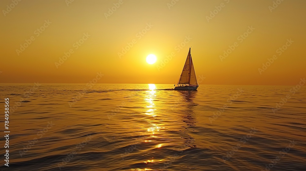 Lone sailboat, horizon line, close-up, low angle, minimalist seascape, sunset calm 