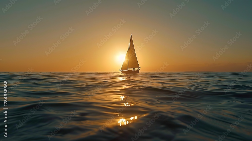 Lone sailboat, horizon line, close-up, low angle, minimalist seascape, sunset calm -