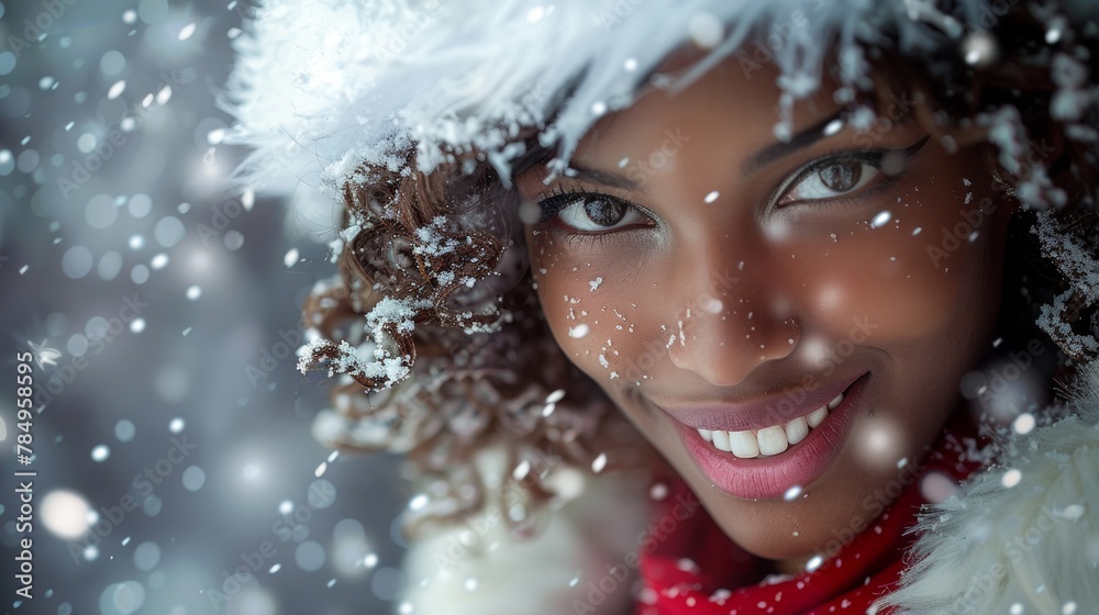 Close-up of a smiling woman with snowflakes on her face, embodying the joy of winter. Close-up of a smiling woman with snowflakes on her face, embodying the joy of winter.