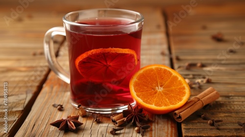 A warm glass of mulled wine garnished with a slice of orange and spices on rustic wood.
