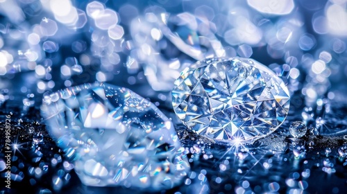 Brilliant cut loose diamonds glistening on a reflective dark background with soft lighting.