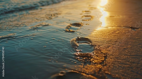 Footprints fading in wet sand, close-up, straight-on shot, ephemeral journey, peaceful evening 