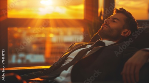 A businessman resting in a comfortable office chair during a serene sunset.