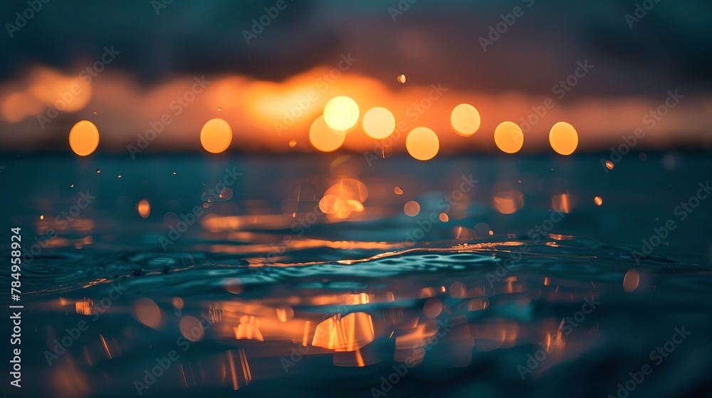 Fishing lights on horizon, dusk, close-up, low angle, distant bokeh, ocean twilight 
