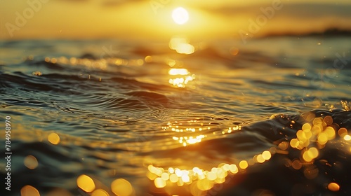 Sunset over water, close-up, straight-on shot, golden bokeh, serene ocean end 