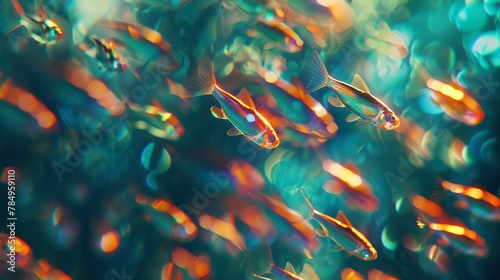 Synthetic fish school, abstract design, close-up, ground-level shot, coded swim, virtual glow  photo