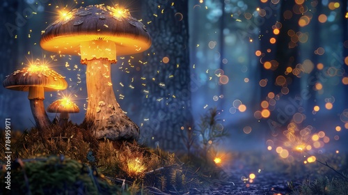 A dense forest at dusk  with a cluster of glowing mushrooms illuminating the underbrush with a soft blue light.