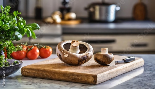 A selection of fresh vegetable: portobello mushroom, sitting on a chopping board against blurred kitchen background; copy space