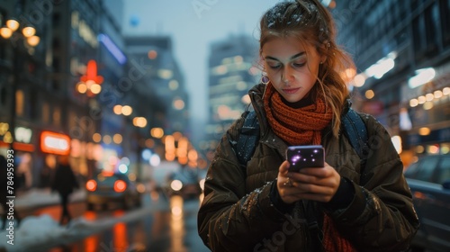 A young woman engages with her smartphone on a bustling city street as dusk sets in. The glow of her screen illuminates her face