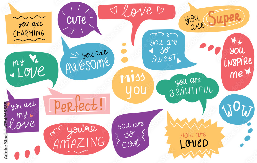 Colorful cartoon speech bubbles with compliments and encouragement words. Short handwritten text.  Speak balloon. Communication, dialog, feedback vector symbols. Vector illustration.