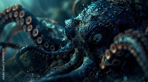 Nocturnal sea creatures, shadows, close-up, high-angle, mysterious marine life, moonlit hunt -