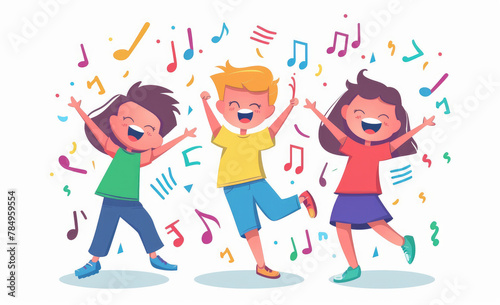 Vector flat cartoon illustration of happy kids dancing and singing with music notes isolated on a white background  colorful  cheerful mood  cute