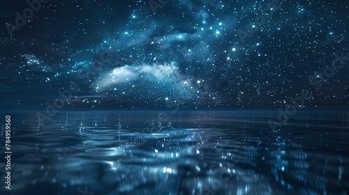 Starry sky reflection on water, close-up, straight-on angle, celestial mirror, peaceful night