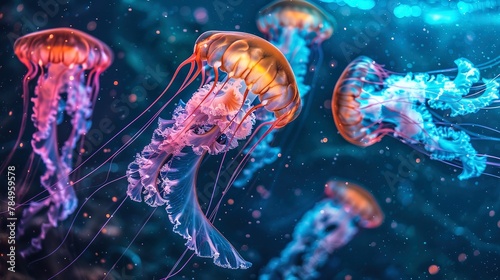 Glowing jellyfish, underwater view, close-up, ground-level shot, neon drifters, silent night ocean photo
