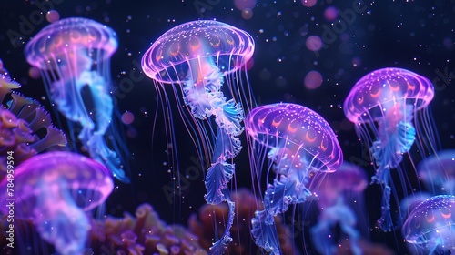 Glowing jellyfish, underwater view, close-up, ground-level shot, neon drifters, silent night ocean  photo