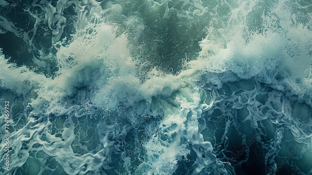 Obraz premium Foamy aftermath of a wave, close-up, eye-level, chaotic textures, serene sea