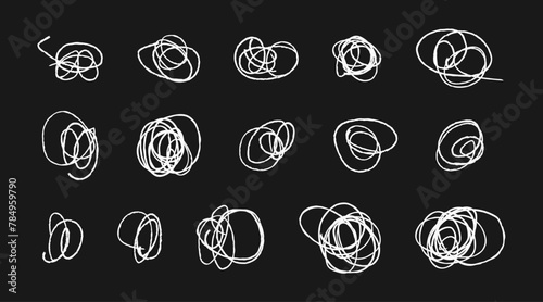 Abstract Set of Scribble Doodles. Hand drawn marker scribbles. Brush strokes. White pencil sketches. Hand drawn lines, daubs, squiggles on black background. (Full Vector)