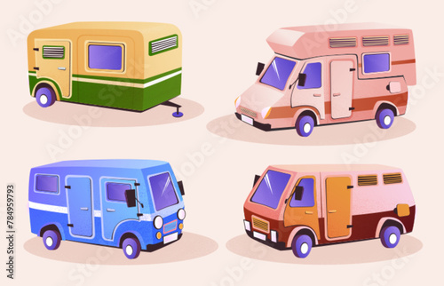 Camper van for family journey and summer outdoor recreation. Cartoon vector illustration set of caravan and camp trailer. Rv vehicle and motorhome for camping and summertime vacation travel.