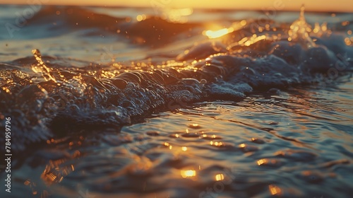 Gentle waves, sunset glow, close-up, ground-level shot, ocean's soft caress, evening light 